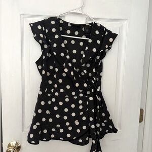 Black and white polka dot wrap blouse